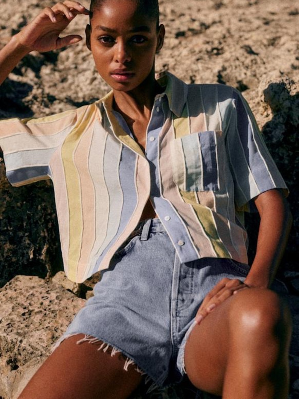 Sézane Pastel Striped Maelline Cropped Button-Up Shirt